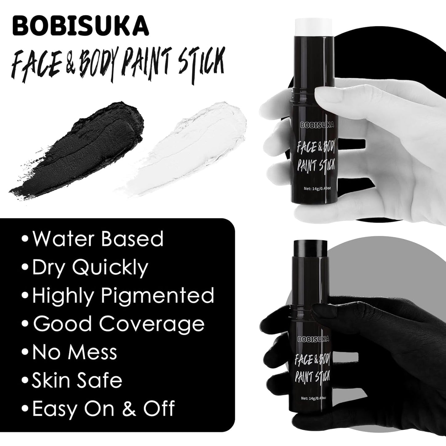 BOBISUKA Black & White Face Body Paint Stick Eye Black Sticks for Football Sports Water Based Face Painting Kit Quick Drying Foundation Makeup for Halloween Clown Skeleton Vampire Cosplay SFX Costume