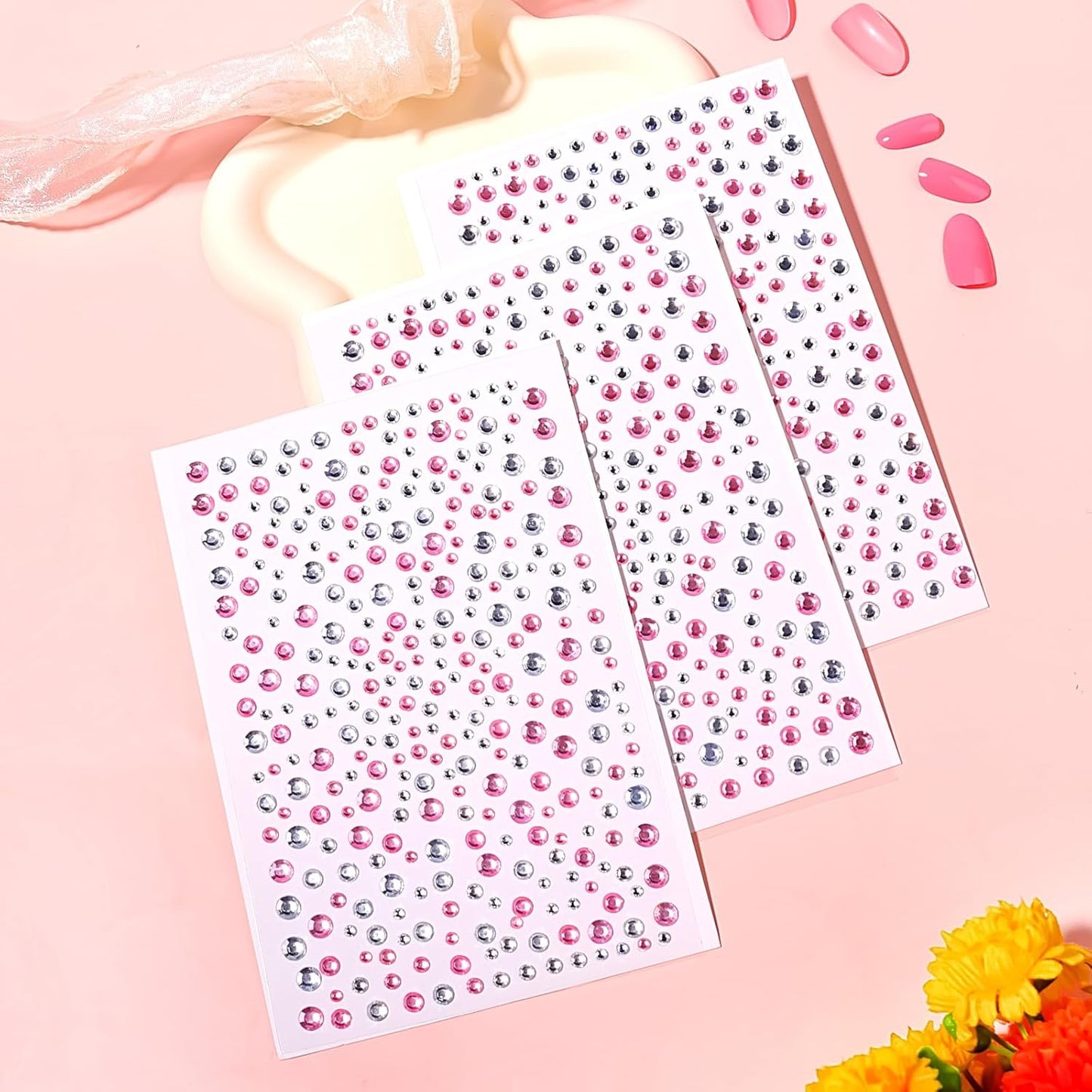 Self Adhesive Face Gems and Pearls for Makeup, Festival Jewels, Hair Gems, Rhinestone Stickers for Face, Eye, Makeup, Nail, Body, Crafts 3/4/5/6 mm 975Pcs (07.gem_White+Pink)