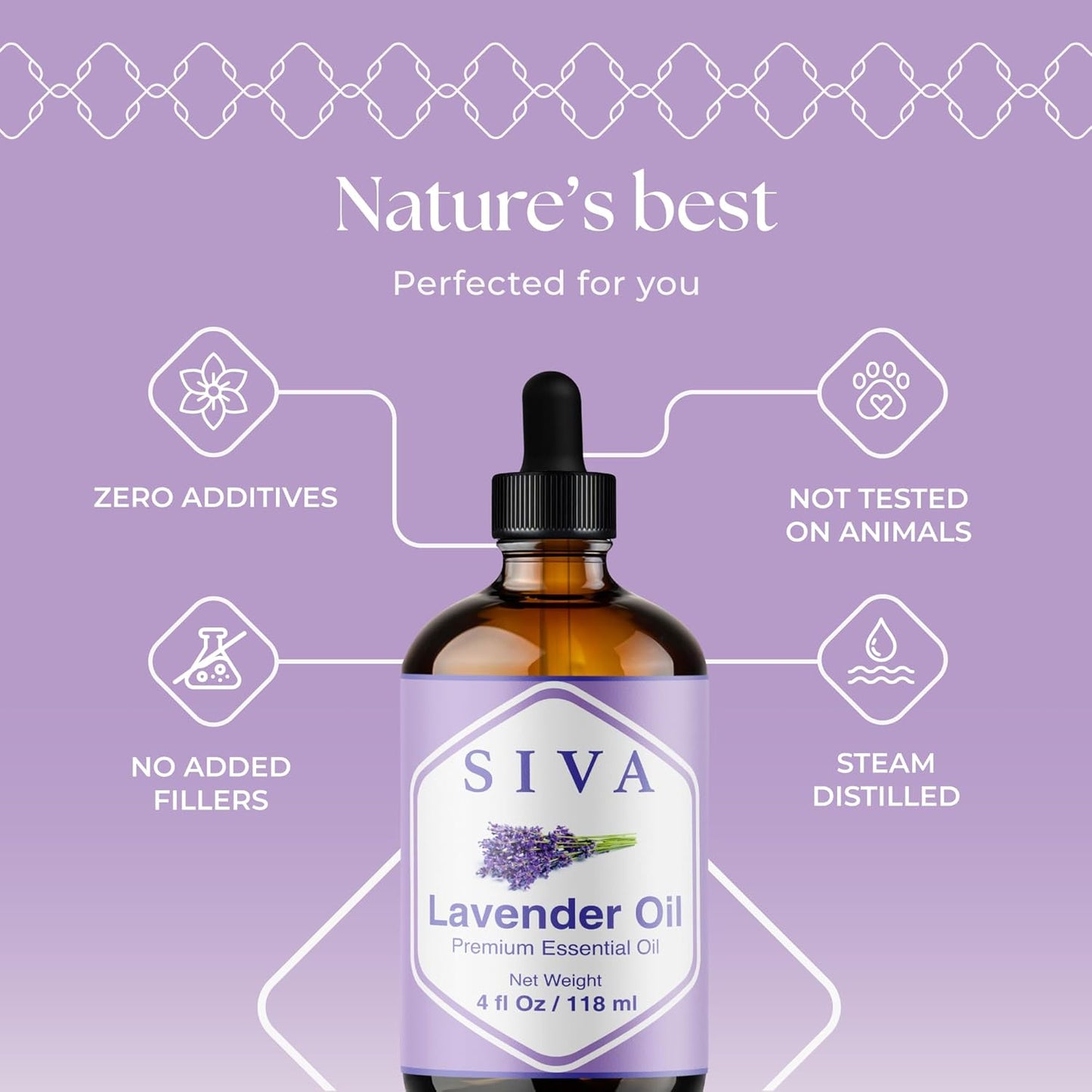 Siva Lavender Essential Oil - 4 Fl Oz – 100% Natural Lavender Oil - for Diffuser, Face, Skin Care, Aromatherapy, Hair Care, Scalp and Body Massage - with Dropper
