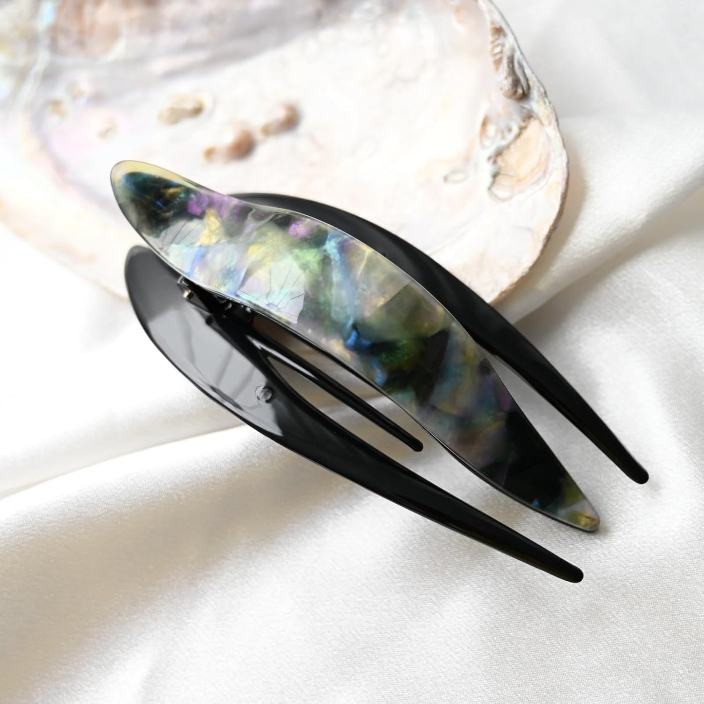 Handmade Celluloid French Design Tortoise Shell Barrettes Side-slide Opening Duck Luxury Fashion Accessories Hair Clip Claw for Women (Aurora green)