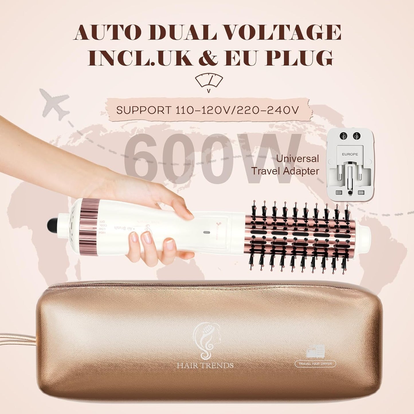 1.5 Inch Barrel (2.8’’ Plus Bristles) Dual Voltage(110~250V) Round Brush Blow Dryer, Hair Dryer Brush with European Plug Adapter, 4-in-1 Negative Ionic One Step Volumizer Dryer