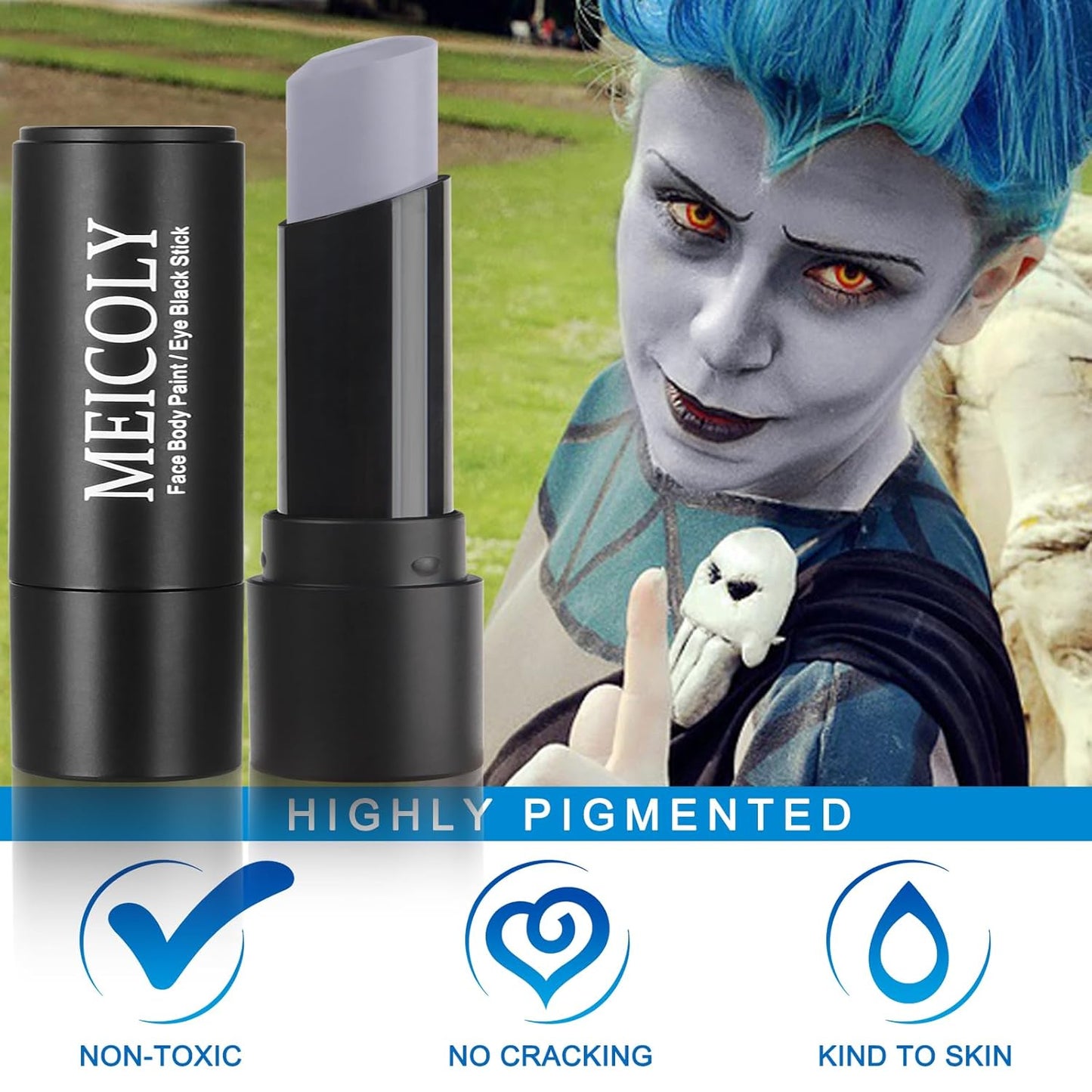 MEICOLY Light Grey Face Body Paint Stick for Halloween SFX Zombie Grayscale Homestuck Cosplay Makeup,Gray Face Paint for Adults and Kids,Waterproof Eye Black Stick for Baseball Softball Football