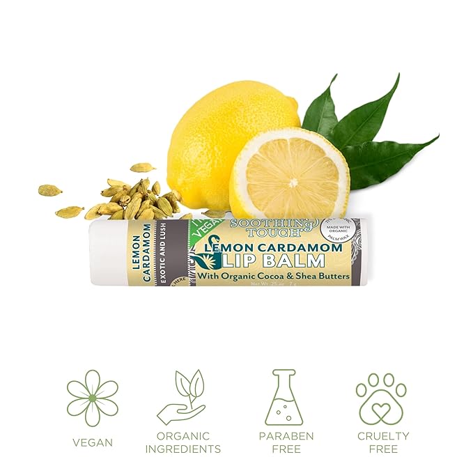 Vegan Lip Balm Set - Variety Pack of 3 Soothing Touch Lip Balms. Large 0.25 oz size. Includes Bonus Muslin Pouch (3 x 4 in) Unique Gift Bundle from Tiny Seed (Lemon Cardamom, Coconut Lime, Grapefruit)