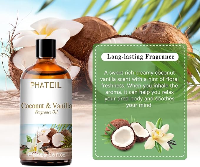 3.38FL.OZ Coconut & Vanilla Fragrance Oils for Aromatherapy, Essential Oils for Diffusers for Home, Perfect for Diffuser, Yoga, DIY Candle and Soap Making - 100ml