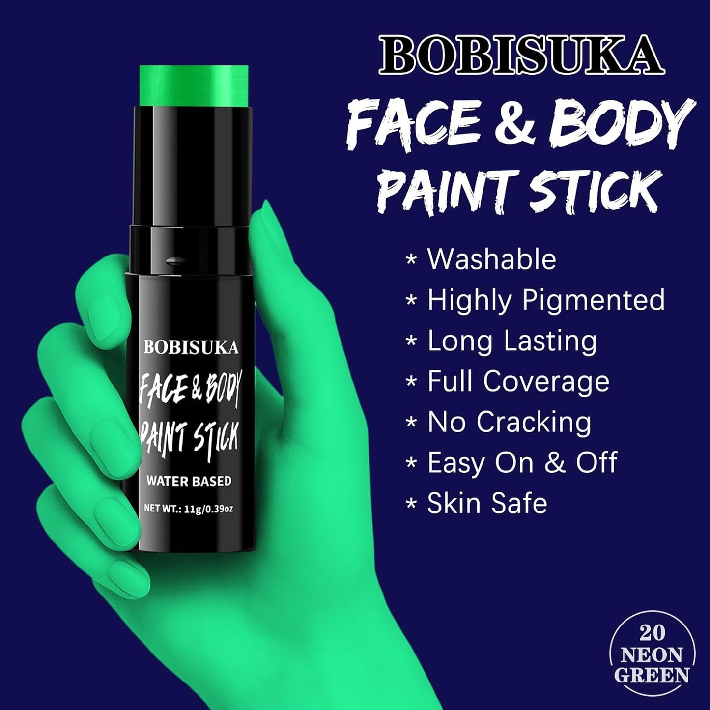 BOBISUKA Neon Green Face Body Paint Stick Water-Based Washable Glow In The UV Light Face Paint Makeup Stick for Halloween Witch Skull Robot Cyber Alien Cosplay SFX,Sports Eye Black & Costume Party