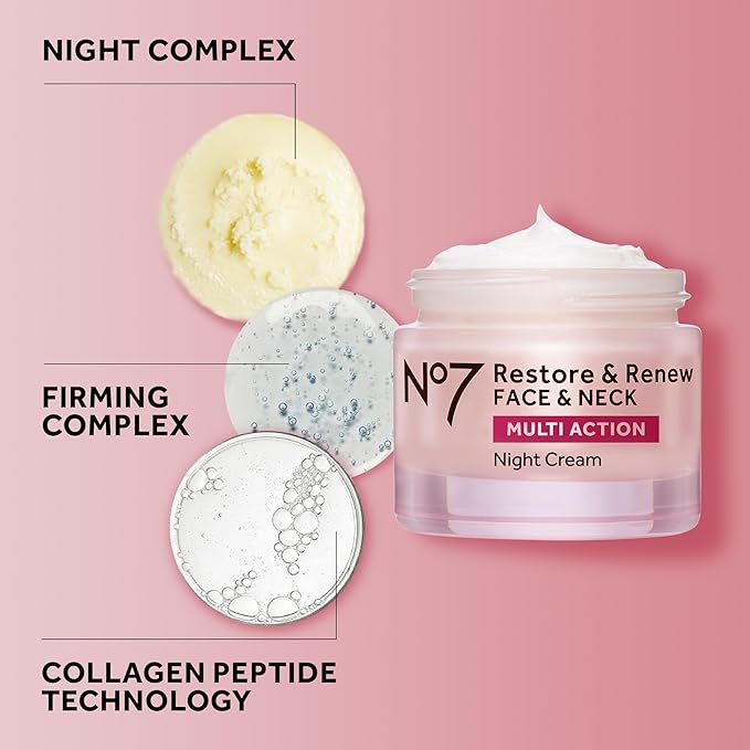 No7 Restore & Renew Multi Action Face & Neck Cream - Nighttime Collagen Peptide Facial Moisturizer - Anti Aging Face Cream Enriched with Hyaluronic Acid, Shea Butter + Vitamin E to Firm Skin (50ml)