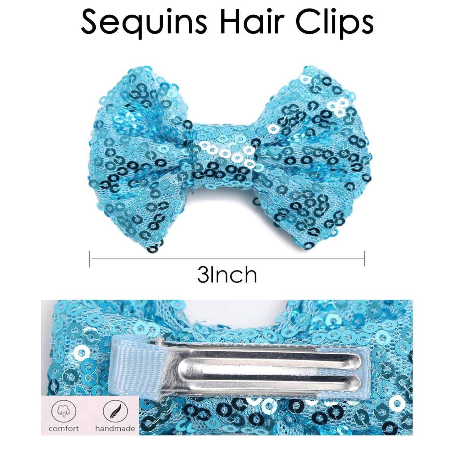 KISZU 3 Inch Glitter Hair Bows Clips, Sparkling Sequin Little Bow HairPins for Baby Girls Children Teens and Women (Blue)