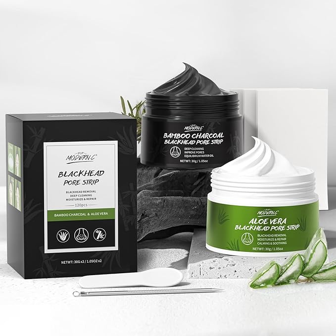 Blackhead Pore Strip 2pcs Aloe Vera Blackhead Remover Strip Bamboo Charcoal Nose Pore Strips Deep Cleaning Whitehead Strawberry Noses Blackhead Remover Face Mask Shrink Pores With 120pcs Paper