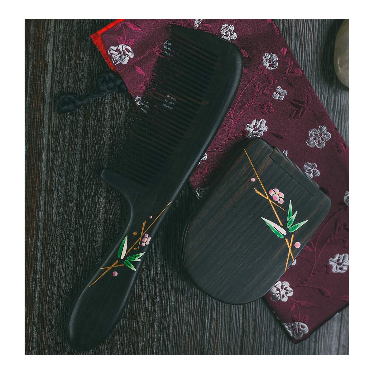 TAN MUJIANG Hair Comb + Dressing mirror Detangling Fine Tooth Wooden Hair Combs Black SandalWood Natural ood Comb for Women and Kids No Static