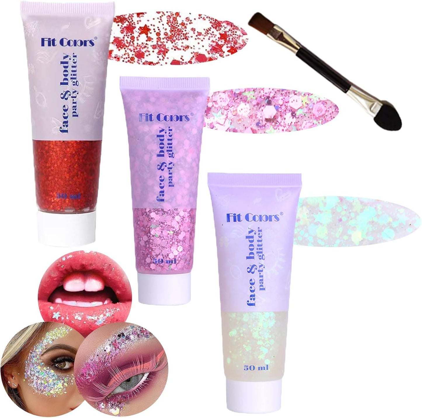 Body Glitter Face Glitter Gel: Singer Concerts Disco Festival Rave Accessories Face Glitter Makeup 150ml Chunky Sequins Mermaid Face Body Hair Glitter Gel (Red&White&Pink)