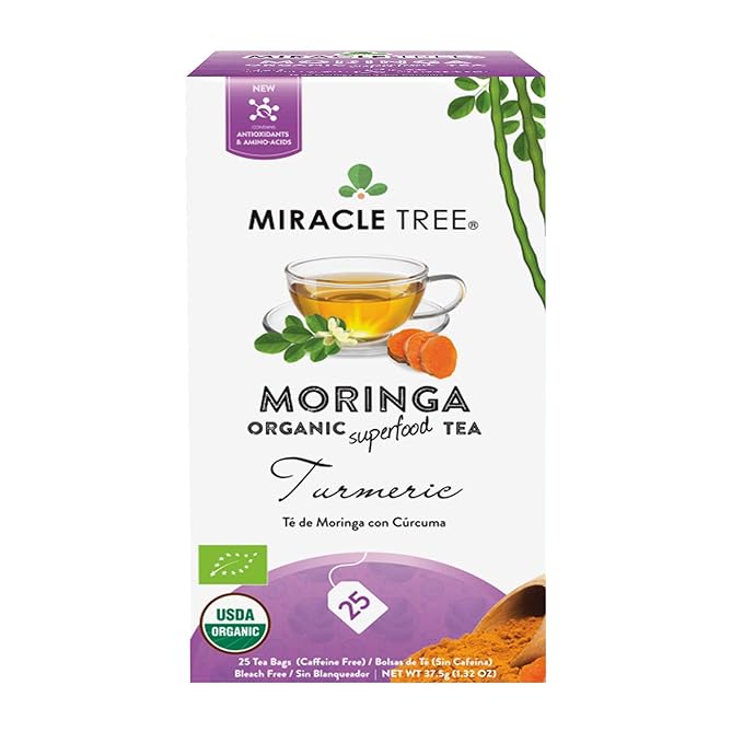 Miracle Tree - Organic Moringa Superfood Tea, 25 Individually Sealed Tea Bags, Turmeric (Keto, Detox, Energy & Immunity Booster, Vegan, Gluten-Free, Organic, Non-GMO, Caffeine-Free)