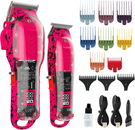 Professional Hair Clippers for Men, Cordless Barber kit for Hair Cutting & Grooming, Pink Hair Clippers and Trimmer Set for Barber Haircut with LED Display, 8 Fade Taper Combs