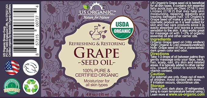 US Organic Grape Seed Oil, USDA Certified Organic, 100% Pure & Natural, Cold Pressed Virgin, Unrefined, in Amber Glass Bottle w/Glass Eye dropper for Easy Application (4 oz (115 ml))