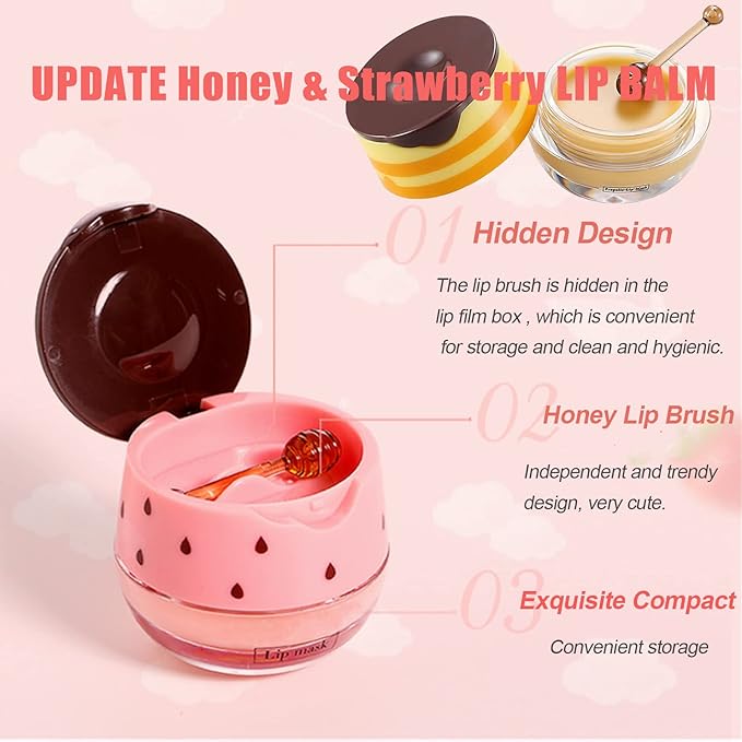 2 Pack Strawberry Lip Mask & Balm Pot - Propolis Moisturizing Hydrating Lip Sleeping Mask - Prevents Dry & Cracked Lips - Exfoliator (Strawberry)