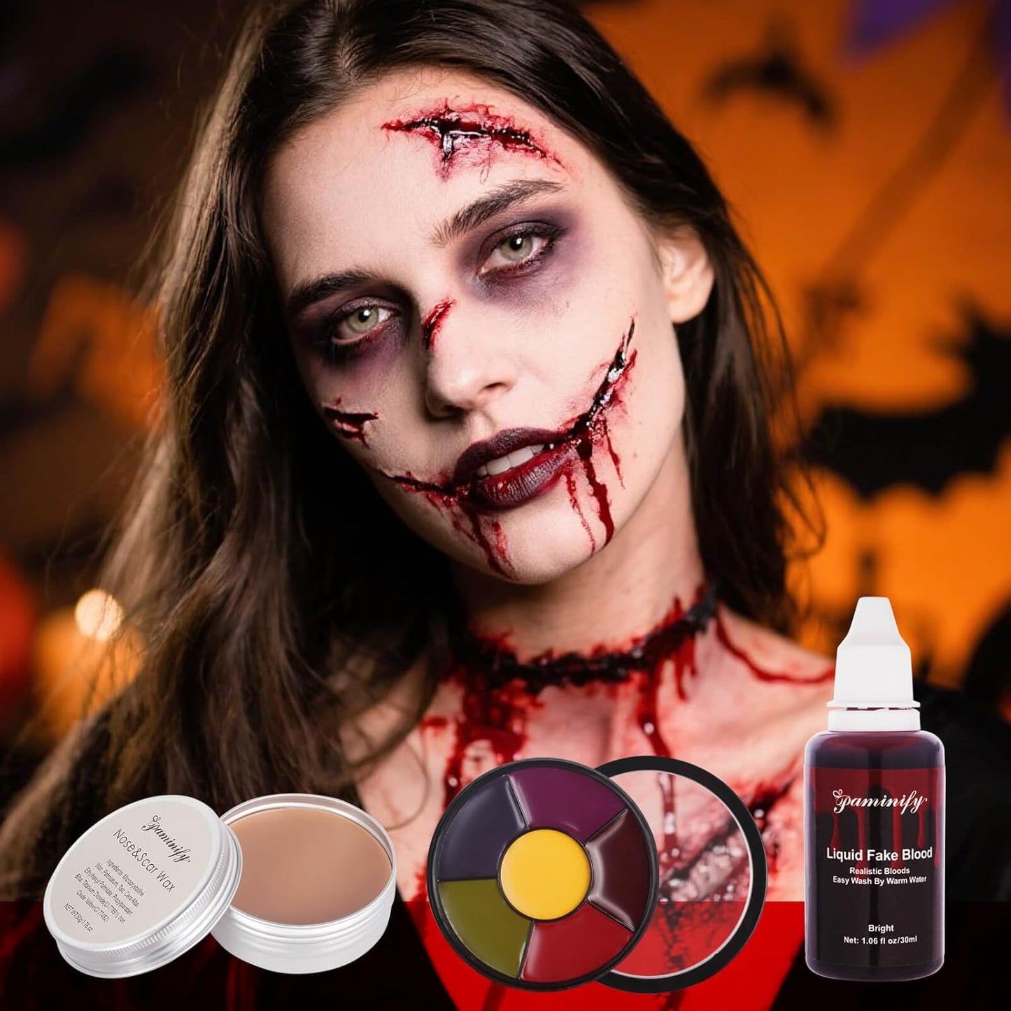 Halloween Special Effects Makeup Kit,6 Colors Bruise Wheel+30ml Dripping Washable Fake Blood+Liquid Latex+Scar Wax with Spatula+3 Pcs Sponge+Stipple Sponge,Face Fake Injury SFX Makeup Kit