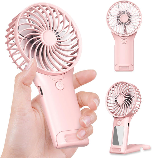 GEHEN Portable Pocket Fan, USB Rechargeable, Mini Fan with Mirror, 4 Gear Wind, Up to 15 Hours, Hand Fan with Powerful Cooling for Travel/Summer/Concerts/Lash, Gifts for Women(Pink)