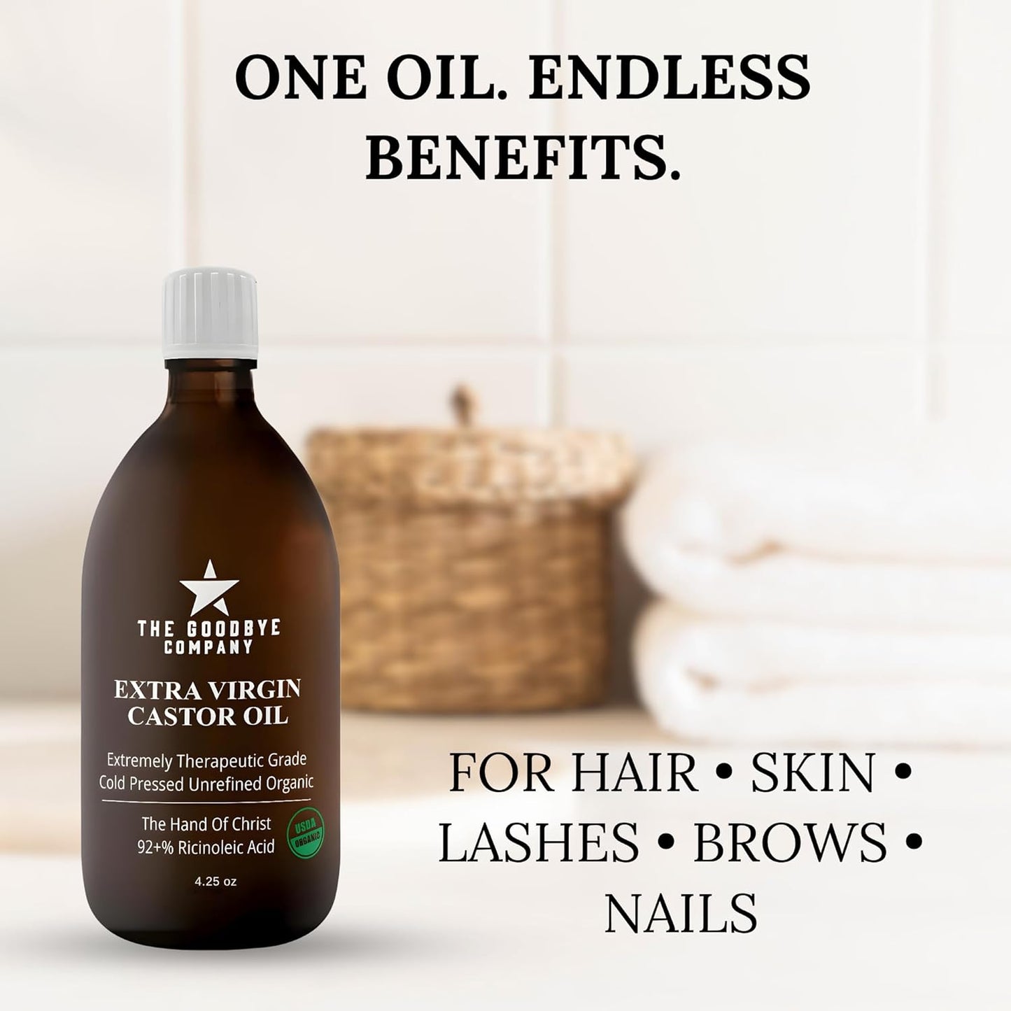 The Goodbye Company Organic Castor Oil – 4.25oz – 100% Pure, Cold-Pressed & Unrefined – Hexane-Free – Nourishing Oil for Healthy Skin, Hair Growth & Eyelashes (120mL)