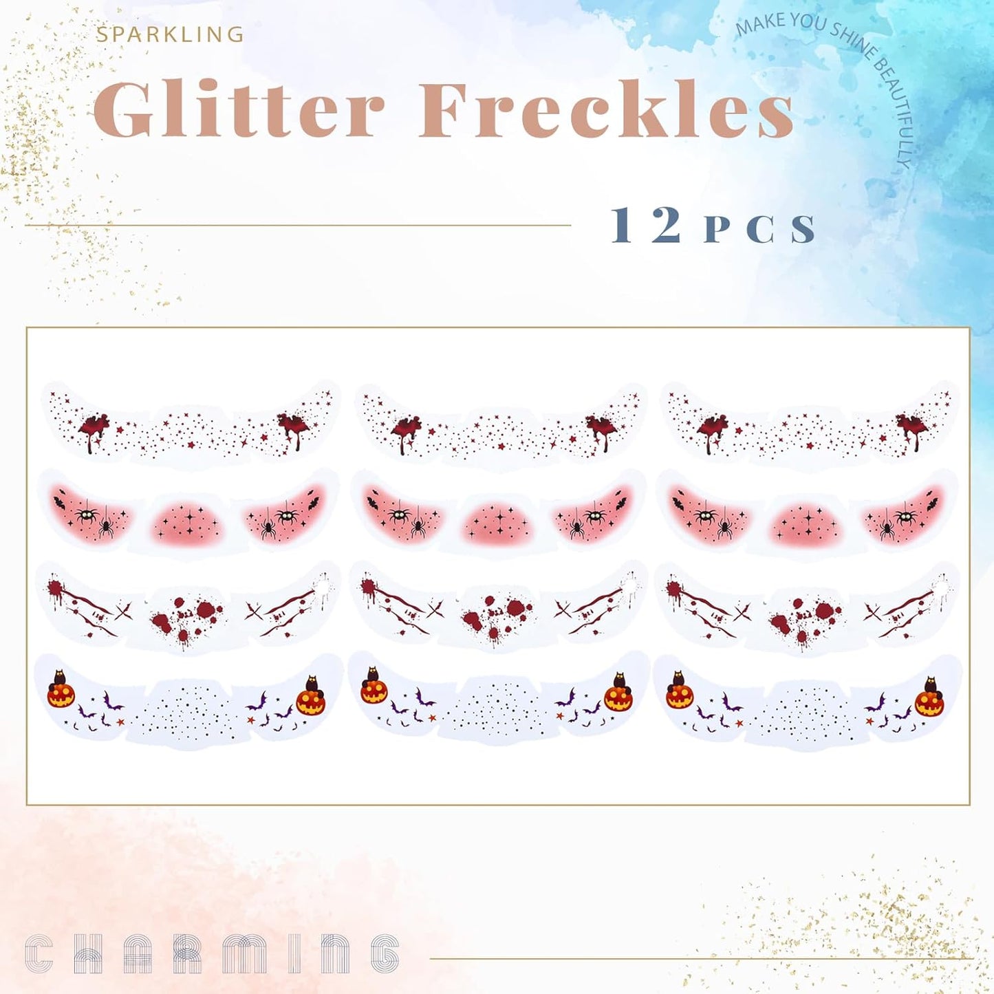 Glitter Freckles, 12 Pcs Sparkle Glitter Freckles Face Halloween Tattoos for Women Girls Temporary Face Tattoos Halloween Makeup Concert Festival Rave Accessories