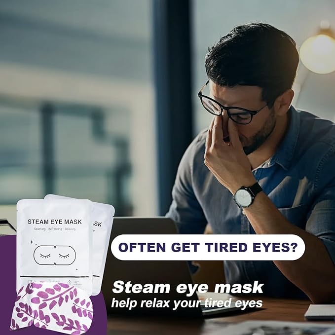 Steam Eye Mask - Self Heating, Moist Hot, Purple, Polyester, Disposable, Lightweight, Eye Mask for Puffy Eyes, Dry Eyes, Plane Travel Essentials, Great Gift for Students Adult