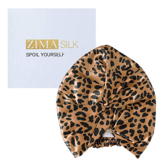 ZIMASILK 22 Momme 100% Mulberry Silk Bonnet for Sleeping & Women Hair Care, Highest Grade 6A Silk Hair wrap for Sleeping with Premium Elastic Stay On Head (1Pc, Leopard Black/Golden)