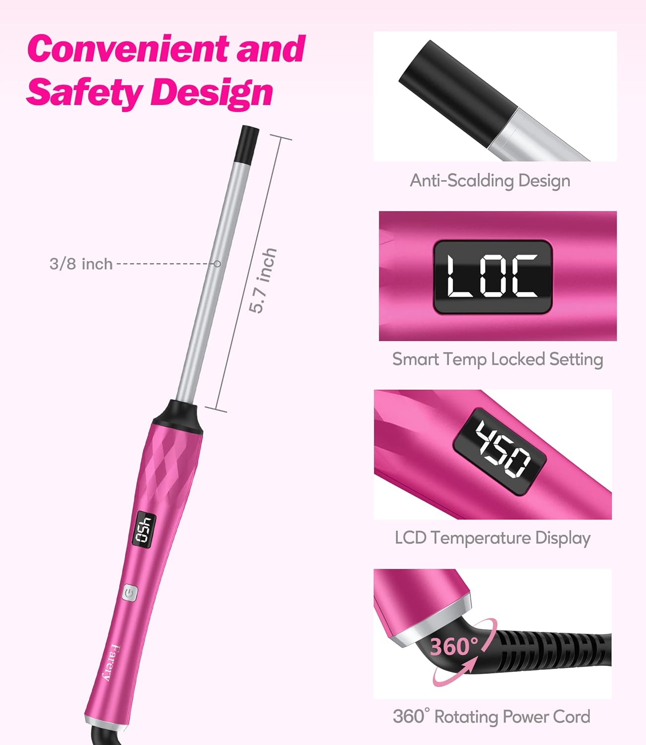 FARERY Small Curling Wand, 3/8 Inch Curling Iron for Short & Long Hair, Ceramic Small Barrel Curling Iron with Argan Oil & Keratin Infused, 30s Fast Heat Up, 12 Adjustable Temperature, Glove Included