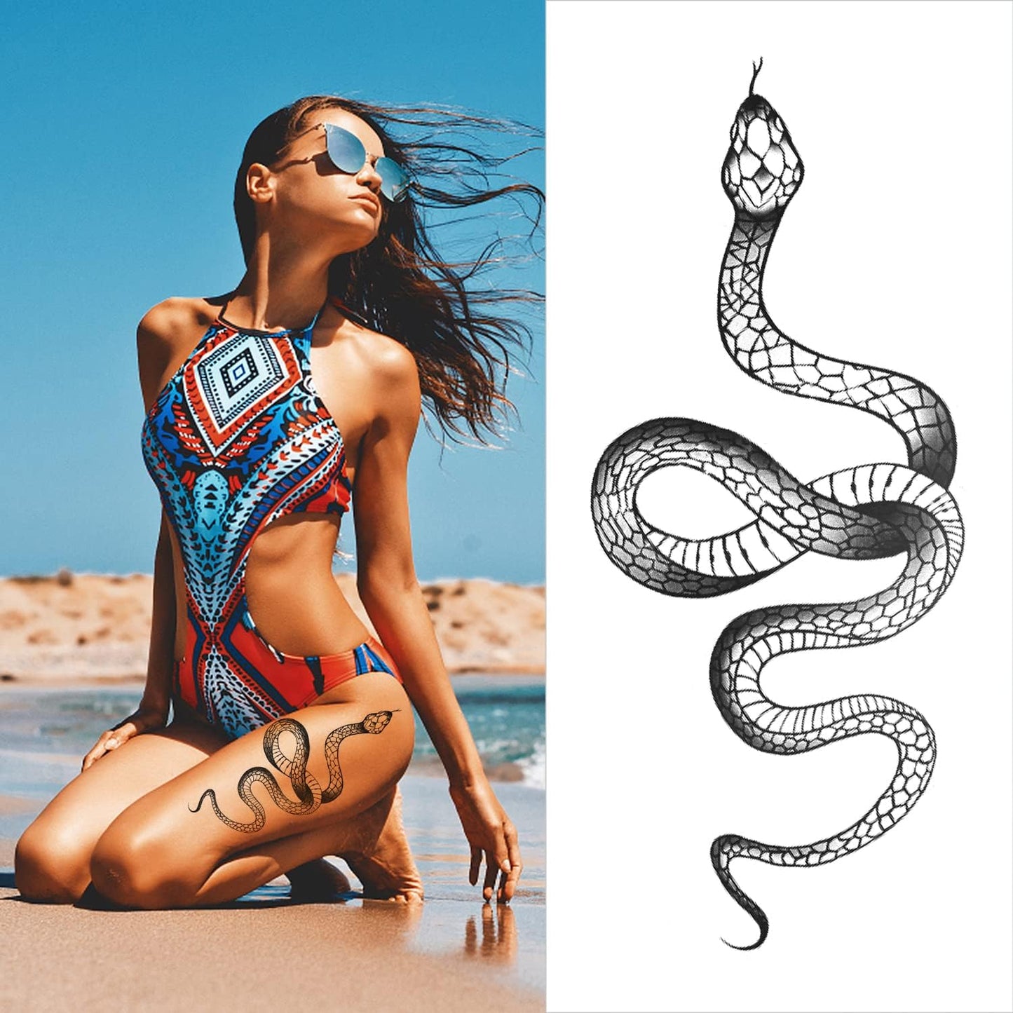 Fashion Realistic Big Size Black Snake Temporary Tattoo Stickers for Women Men Waterproof Fake Tattoo Waist Body Forearm Arm (Pack of 5)