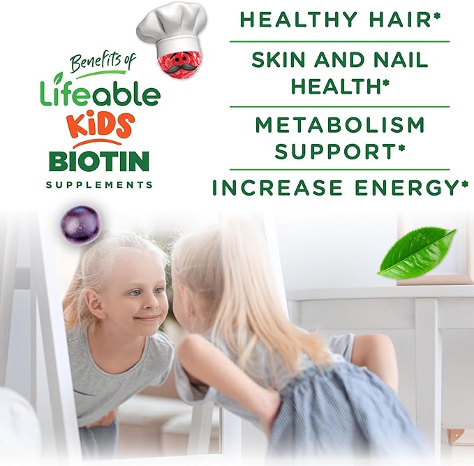 Lifeable Kids Biotin Gummies | 5,000mcg | Great Tasting Natural Flavor Biotin Supplement | Vegan Non GMO Hair Gummies | for Hair Skin and Nails | 90 Gummies