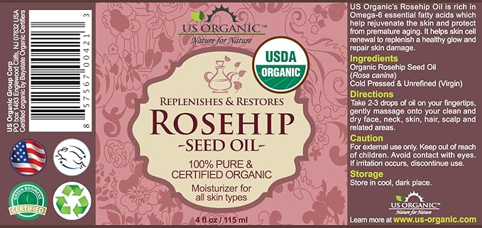 US Organic Rosehip Seed Oil, USDA Certified Organic, Cold Pressed, Virgin Organic, Amber Glass Bottle and Glass Eyedropper for Easy Application - 4 oz (115 ml)