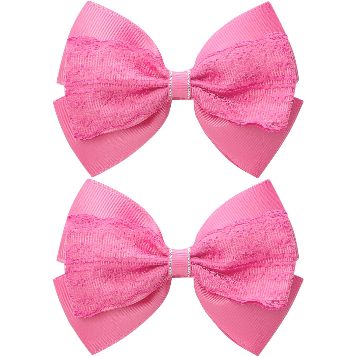 4-Inch Hair Bows Alligator Clips Delicate Lace Hair Accessories for Girls, Toddler, Kids and Women Daily Dress Up Birthday Wedding Christmas Occasions- Set of 2 (Hot Pink)