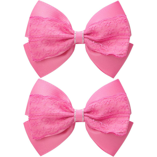 4-Inch Hair Bows Alligator Clips Delicate Lace Hair Accessories for Girls, Toddler, Kids and Women Daily Dress Up Birthday Wedding Christmas Occasions- Set of 2 (Hot Pink)