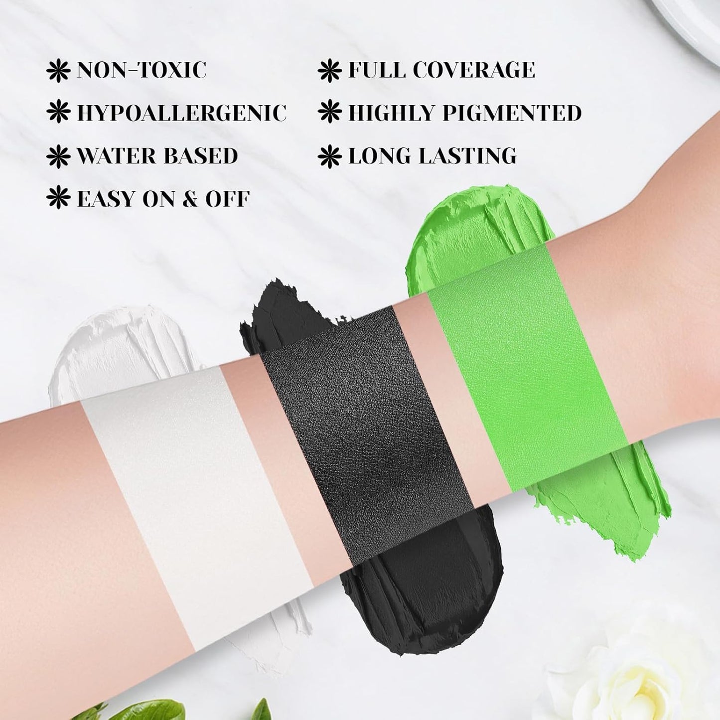 Black White Light Green Face Body Paint Stick Set with Translucent Setting Powder and Sponges, Professional Full Coverage Face Painting for Adult Halloween Cosplay SFX Witch Hulk Monster Makeup