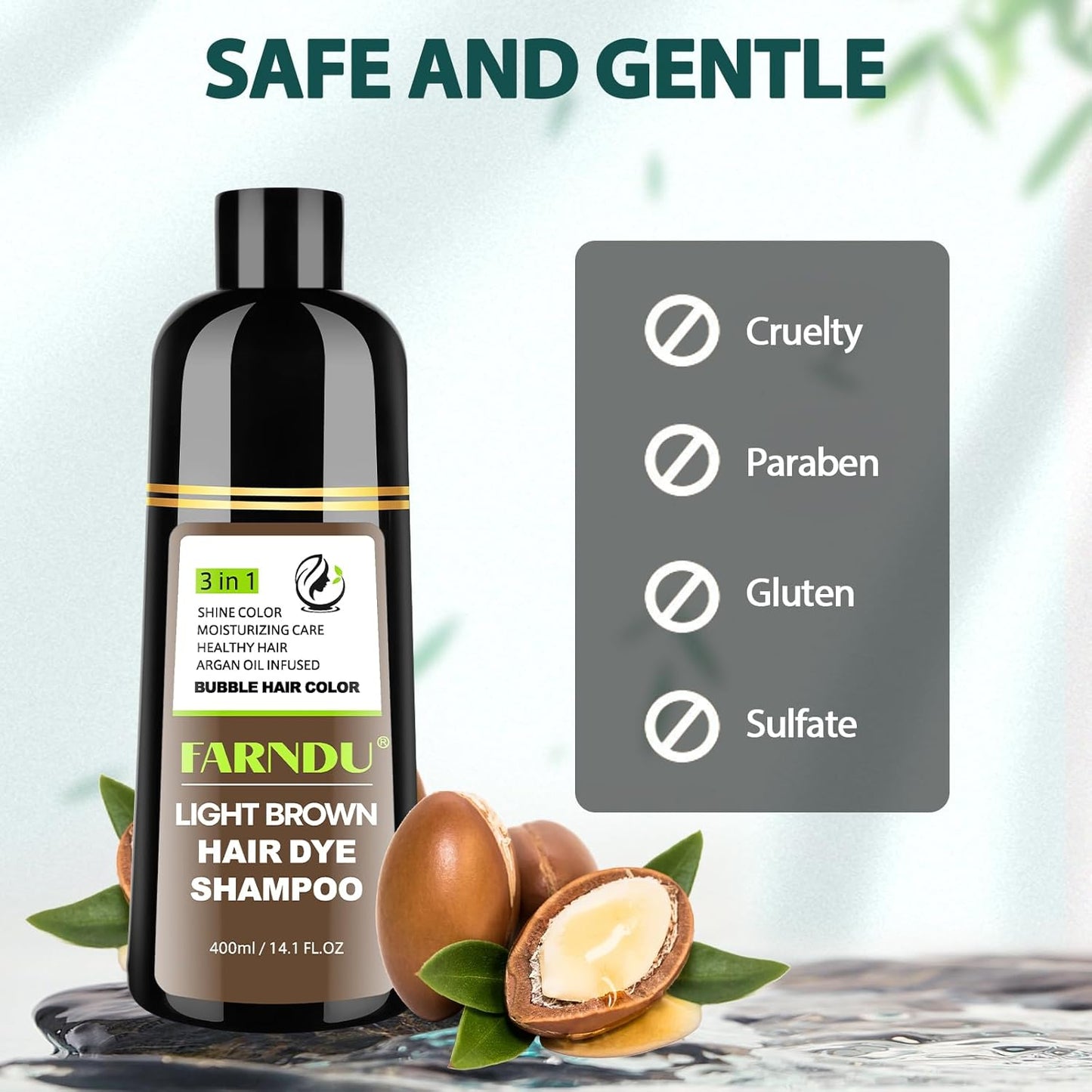 FARNDU Light Brown Hair Dye Shampoo 3 in 1 with Argan Oil – 10-15 Min Gray Coverage, Natural Instant Hair Color Shampoo for Women and Men, Long-Lasting Up to 6 Months