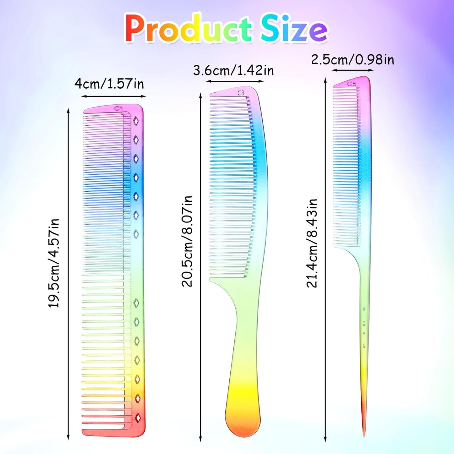 3 Pcs Rainbow Hair Comb, Heat-Resistant Fine Tooth Comb Rat Tail Combs Styling Combs Beard Combes Mustache Combes Hairdressing Tools for Women Men Hairs Stylist Barber Salon All Hair Types