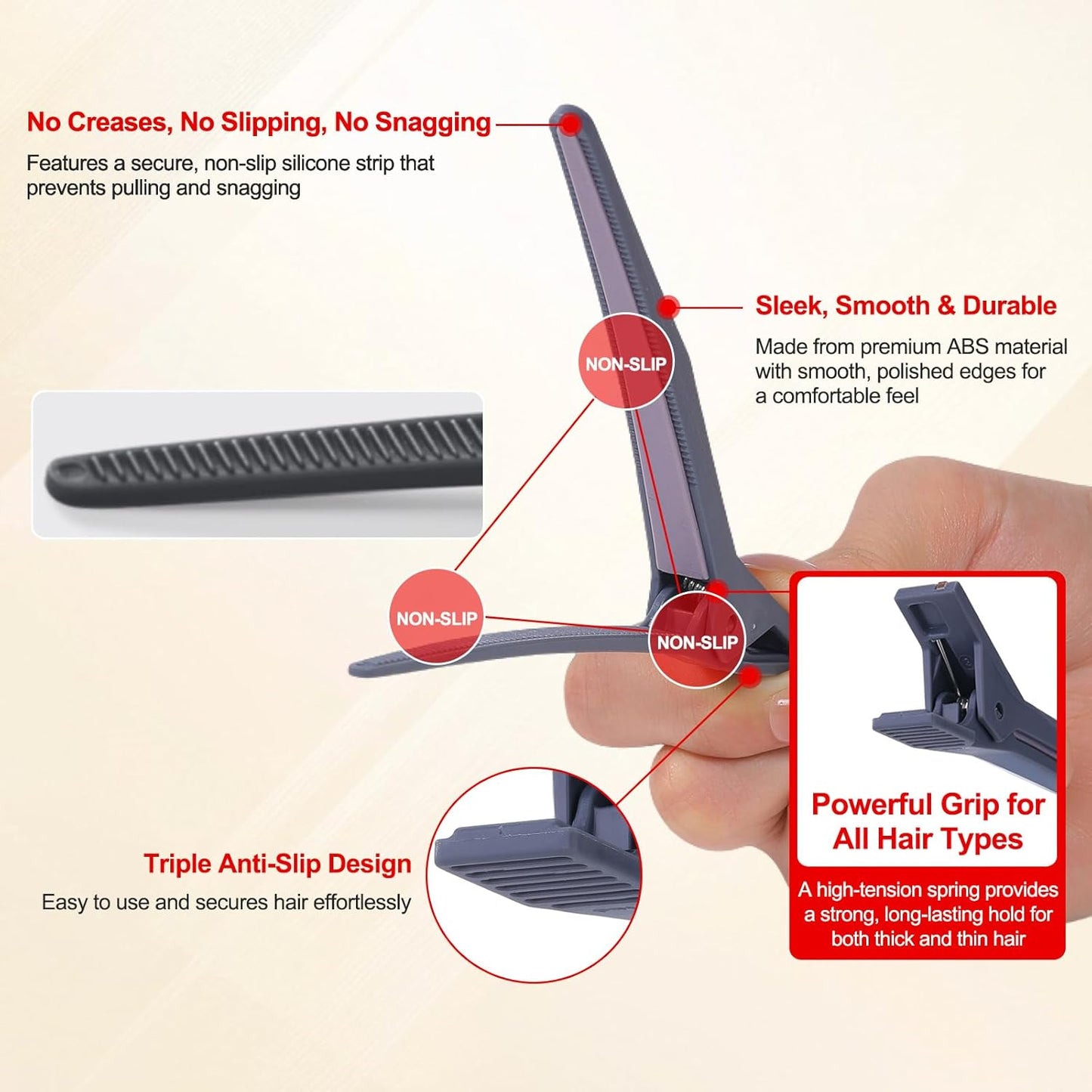 PERFEHAIR 6 Pcs Hair Sectioning Clips for Styling, No Crease Non Slip Salon Hair Clips with Silicone Band for Cutting, Blow Drying & Rollers, Professional Barber Clips for Thick Hair