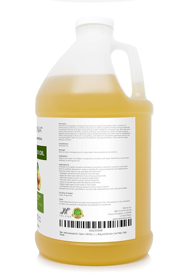 velona Avocado Oil 1 Gallon / 128 Fl Oz | 100% Pure and Natural Carrier Oil | Expeller-Pressed | Hair, Body and Skin Care | Use Today - Enjoy Results