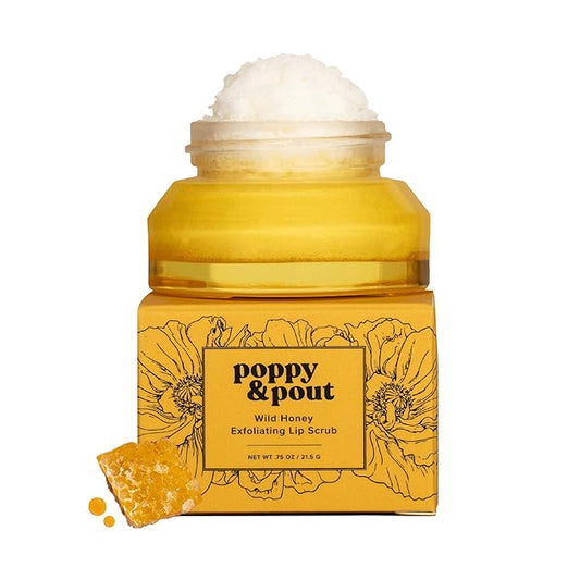 Poppy & Pout Natural Lip Scrub, Moisturizing Sugar Scrub for Dry Lips, Lip Scrubber Exfoliator with Essential Oils Smooths and Hydrates Lips, In Recyclable Glass Jars, Cruelty Free - Wild Honey