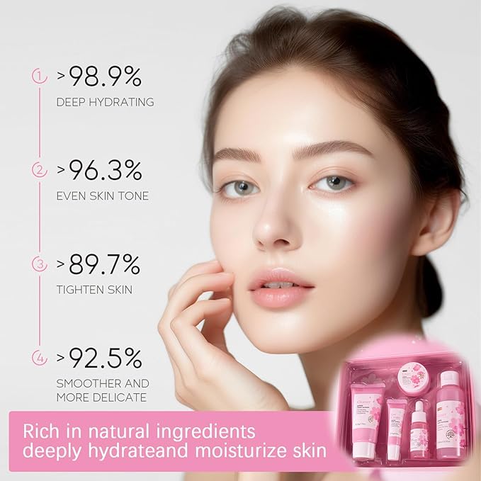 Cherry Blossom Skin Care Kit - Skincare for Girls 10-12 - Hydrating Travel Essentials - Travel Kit with Face Wash, Essence, Toner, Cream & Eye-cream - Skin Care Sets & Kits Gift Set for Women