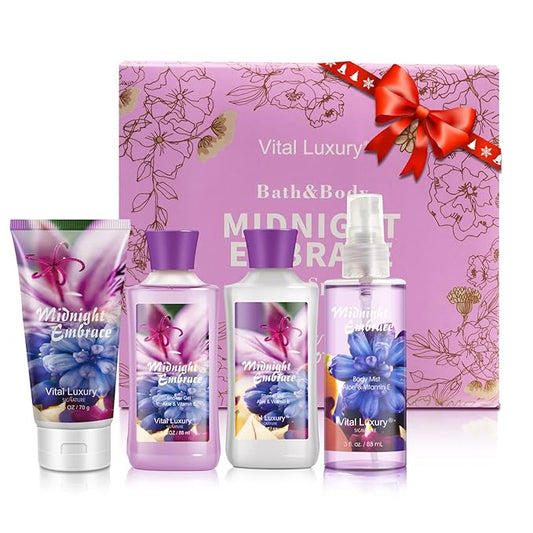 Midnight Embrace Bath & Body Kit, 3 Fl Oz, Ideal Skincare Gift Home Spa Set, Includes Body Lotion, Shower Gel, Body Cream, and Fragrance Mist, Birthday Mother's Day Gifts