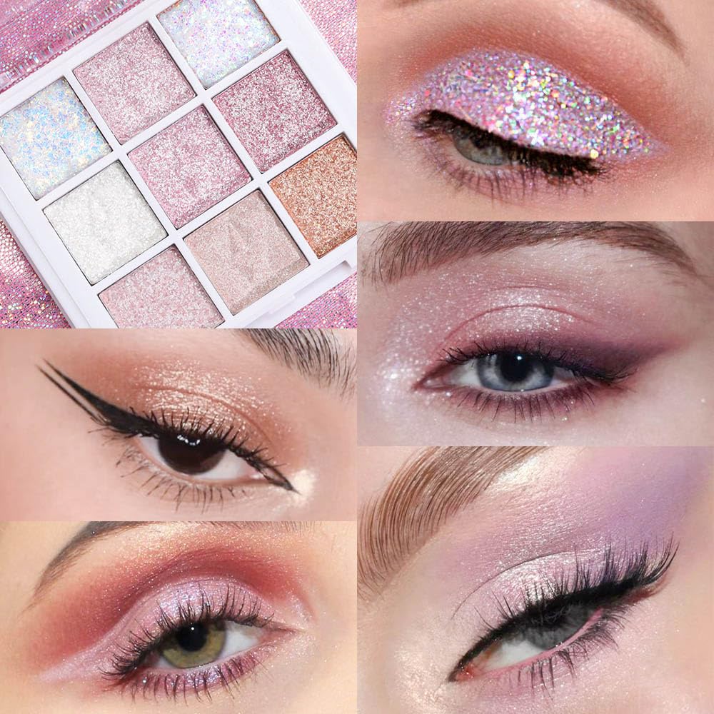 Eye Shadow Palette Makeup,Pink White Purple Glitter Shimmer Sparkle Warm Pastel 9 Colors Eye Shadow Palette,Nude White Cream Eyeshadow Palette Colorful Long Lasting Waterproof Naturing-Looking