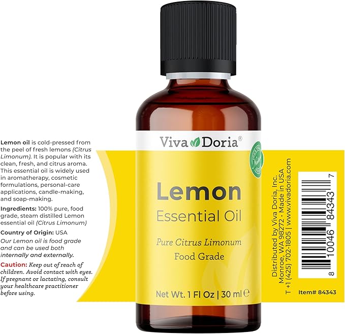 Viva Doria 100% Pure Lemon Essential Oil, Undiluted, Food Grade, USA Lemon Oil, 30 mL (1 Fl Oz)