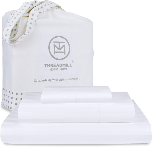 Threadmill 500 Thread Count Twin-XL Size Damask Stripe, 3 Pc Luxury Cotton Bed Sheet Set, Breathable Hotel White Sheets with 15" Elasticized Deep Pocket, 1 Pillowcase & Free Tote Bag
