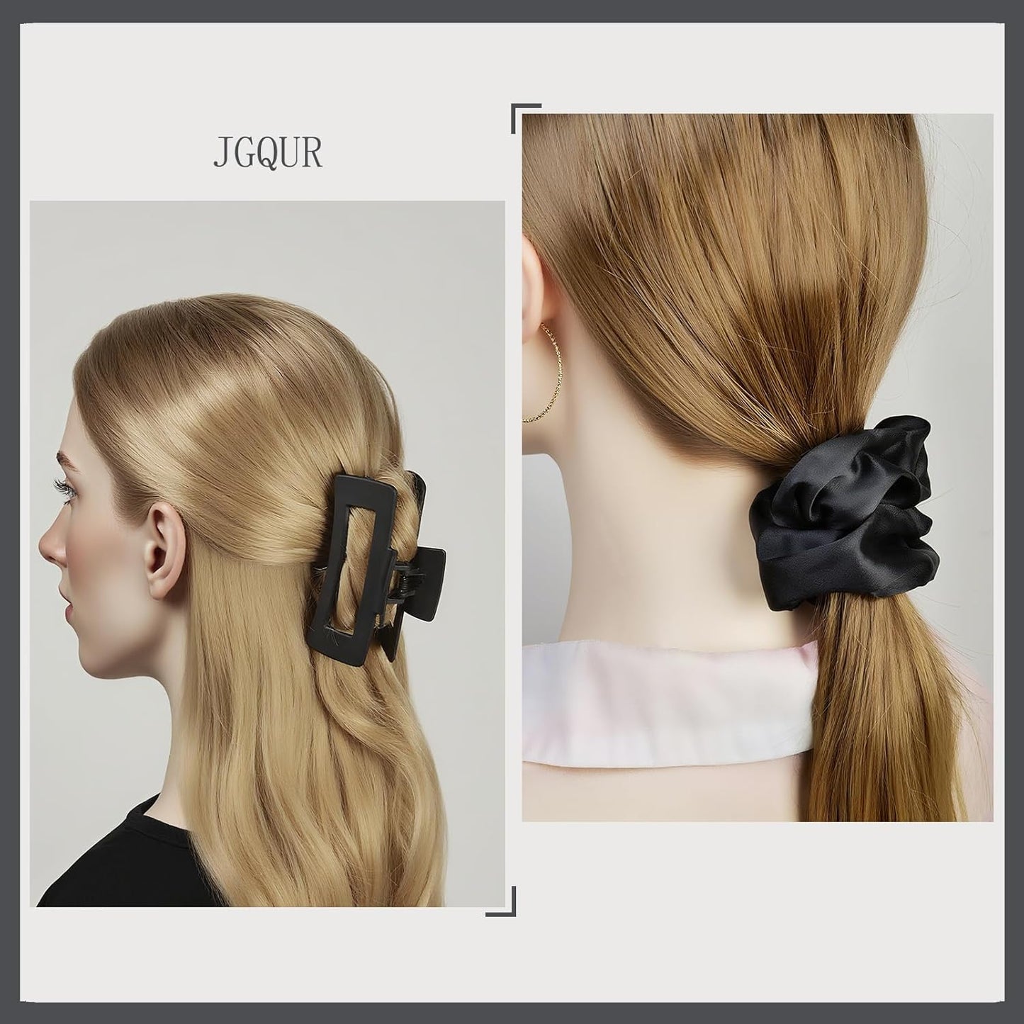 8pcs Black Hair Accessories Set – Square Hair Clips for Women, Satin Hair Scrunchies for Thick Thin Hair, Non-Slip Matte Hair Claws, Birthday Gift