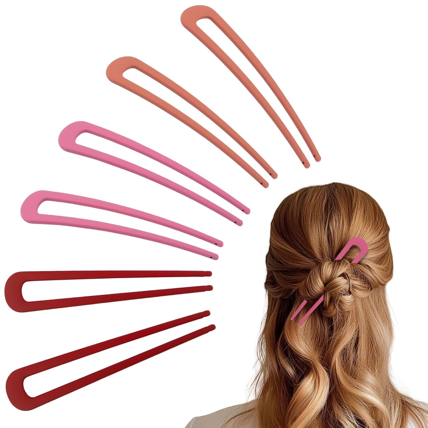 6Pcs Metal French Hair Pins for Women U Shape Sticks 3.9 Inch Vintage Fork for Hairstyle Accessories(Pink/Orange Red/Red)