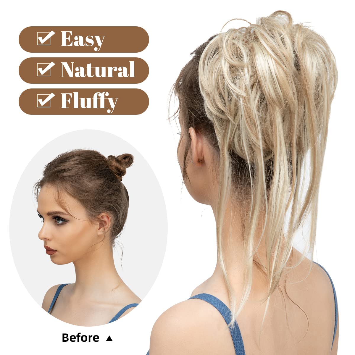 CJL HAIR Messy Bun Hair Piece Curly Hair Bun Extensions with Straight Tails Synthetic Hair Scrunchies Ponytail Hairpieces for Women Dirty Blonde