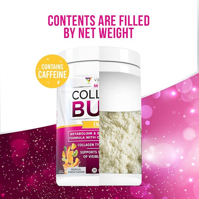 Multi Collagen Burn: MultiType Hydrolyzed Protein Peptides with Hyaluronic Acid, Vitamin C, SOD B Dimpless, Types I, II, III, V and X, with Caffeine 30 Servings Tropical Punch Flavored
