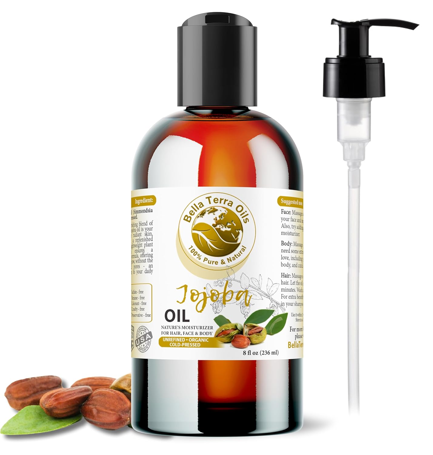 Bella Terra Oils - Organic Jojoba Oil 8oz - Embrace Organic Jojoba's Hydrating Potential, Rich in Essential Nutrients & Antioxidants, Perfect for Nail Oil Enthusiasts