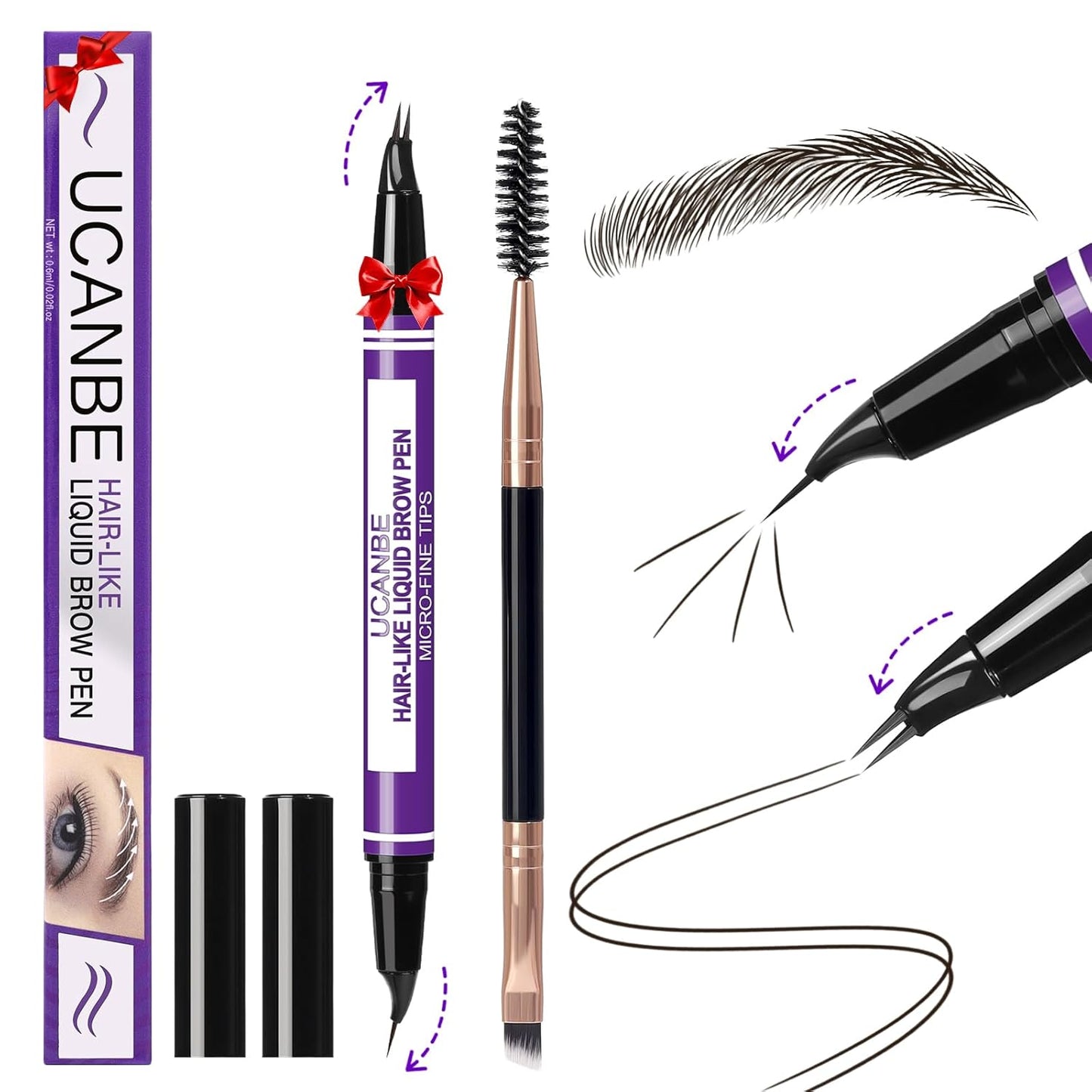 UCANBE Curved Eyebrow Pencils for Women with Spoolie Brush,Dual-Ended Eyebrow Pen with 2-Fork-Tip&Precise Brush-Tip,Microblading Brow Pen for Hair-Like Brows,Waterfool, Long Lasting,Black Brown
