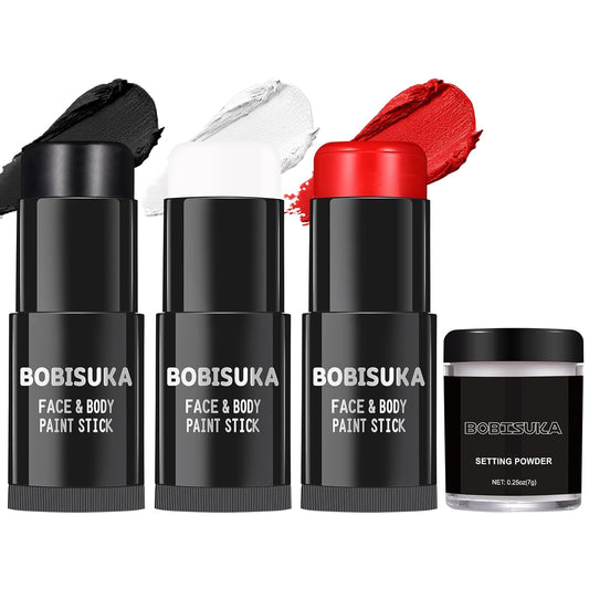 BOBISUKA Black White Red Face Paint Stick with Setting Powder Set Clown Makeup Eye Black Sticks for Sports, Body Paints for Halloween Joker Skeleton Cosplay Special Effects Costume SFX Stage Kit