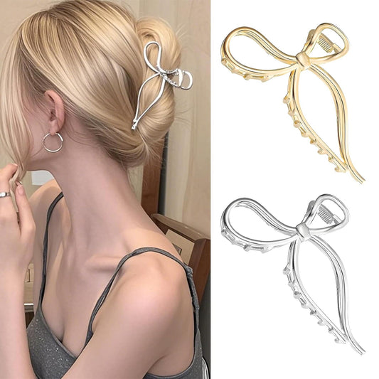 Metallic Bow Hair Clips (2 Pack), Medium Metal Hair Claws, Gold & Silver Alloy Elegant Hair Clamps Y2K Stylish Hair Accessories for Thick and Thin Hair