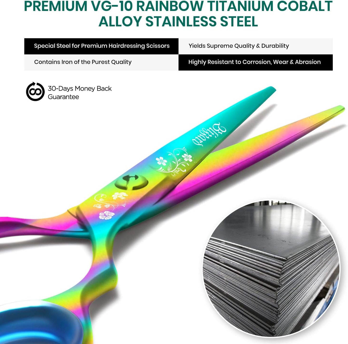 Blizzard Professional Hair Cutting Scissors – 5.5 inch VG10 Cobalt Haircut Shears with Razor Sharp Blades - Rainbow Finish Barber Hairdressing Travel Case for Salons & Home Use